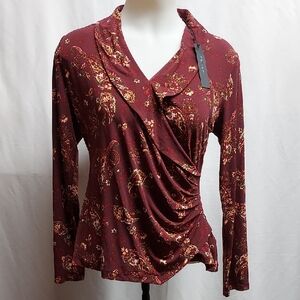 Tahari Burgundy Floral & Paisley Faux Wrap Blouse Top Long Sleeve Pullover
